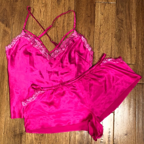 Victoria's Secret Other - Victoria’s Secret Hot Pink Satin Lace Pajamas